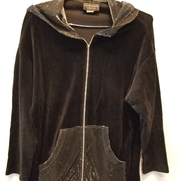 Vintage 90's Black Velour Cardigan Shimmer Hooded Sweatshirt Size M - Picture 4 of 13